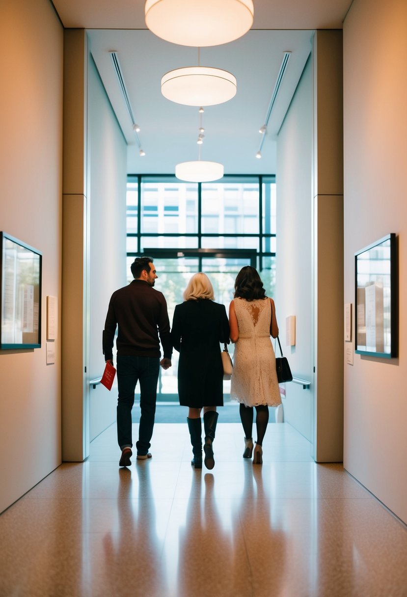 Visitors entering modern art museum with wedding gift tickets