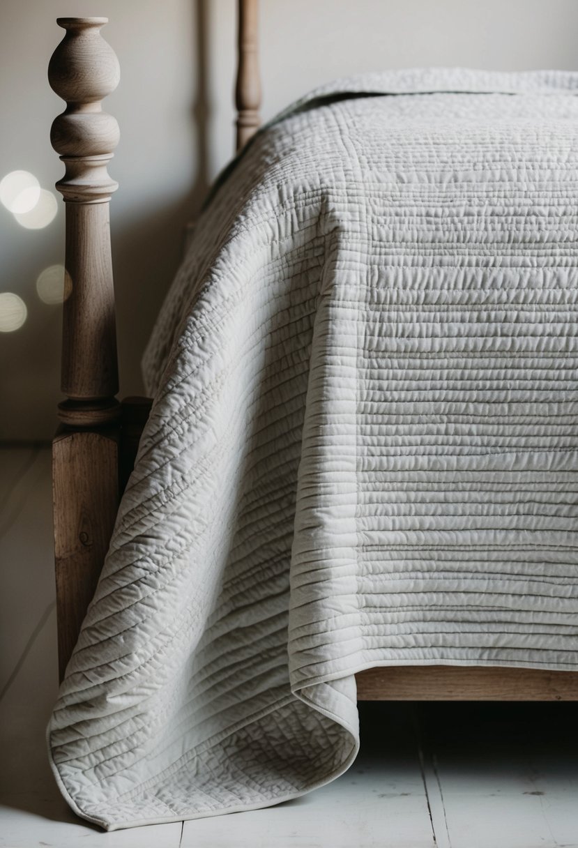 A low volume textured quilt with intricate stitching and delicate patterns, draped over a rustic wooden bed frame