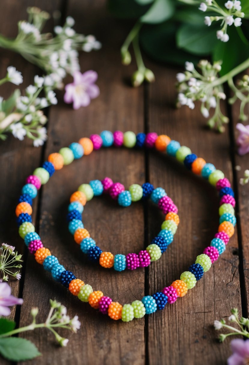 A group of colorful friendship bracelets arranged in a heart shape on a rustic wooden table, surrounded by delicate flowers and greenery