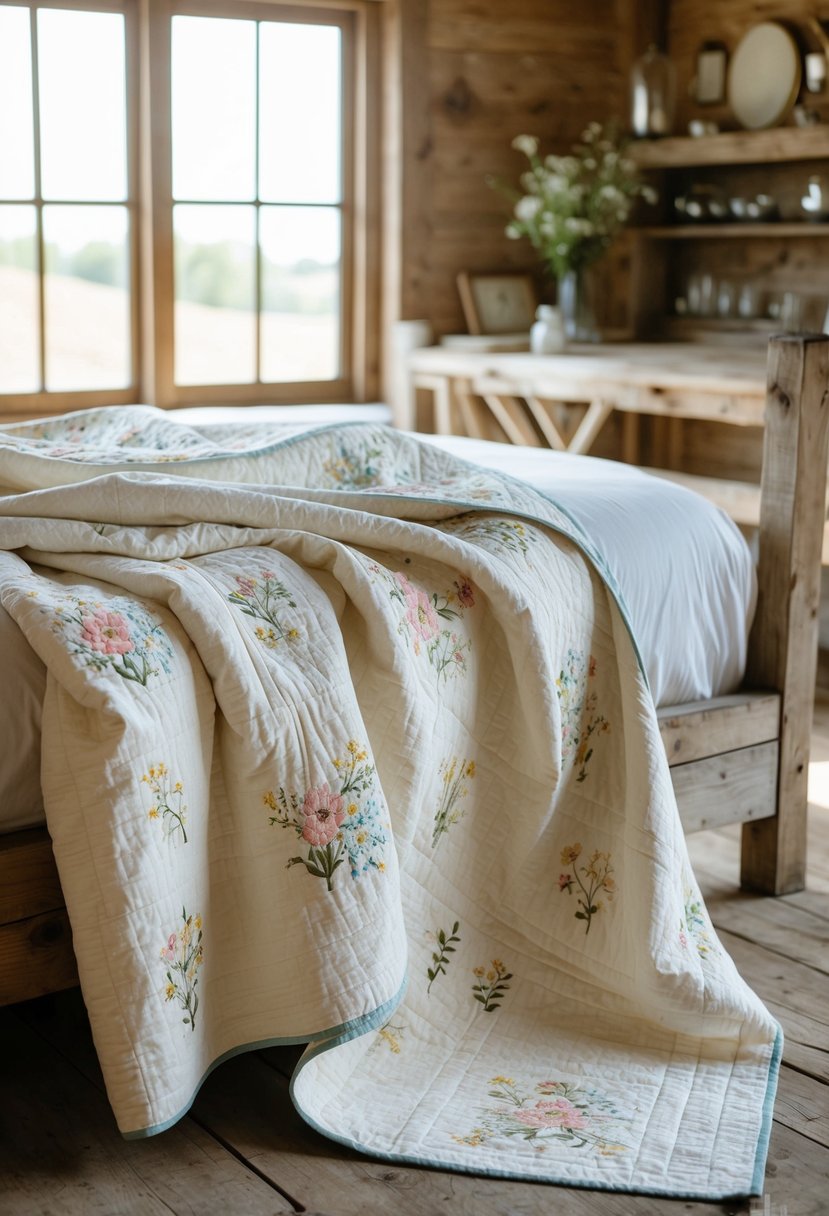 A cozy, handcrafted quilt adorned with delicate floral appliqués, draped over a rustic wooden bed frame in a sunlit, country farmhouse bedroom