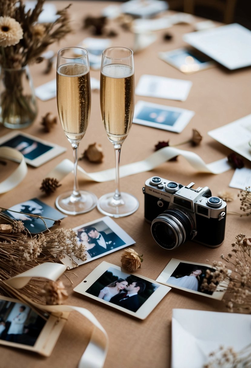 A table scattered with photos, ribbons, and dried flowers. A pair of elegant champagne flutes and a vintage camera sit on the edge