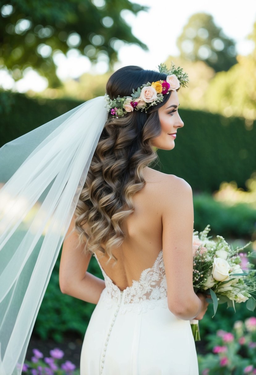 A bride with a floral crown and cascading curls, standing in a garden with a flowing veil