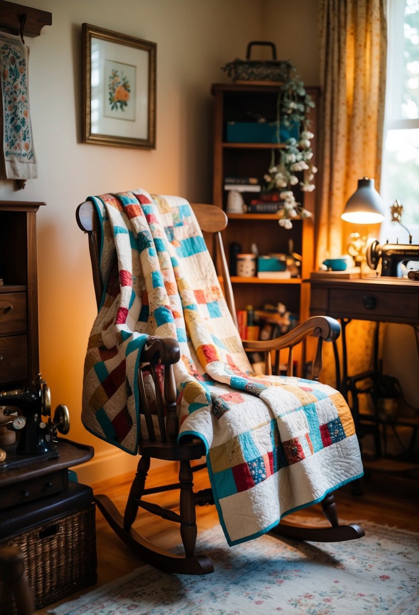 A cozy living room with a vintage quilt draped over a wooden rocking chair, surrounded by antique sewing supplies and a warm, inviting glow