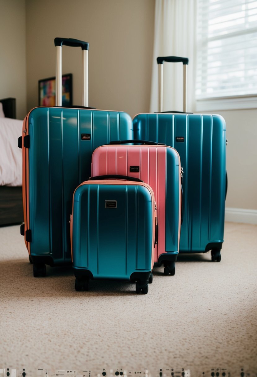 A set of matching luggage, one large suitcase and two smaller carry-ons, all in coordinating colors and patterns, sitting on a bedroom floor