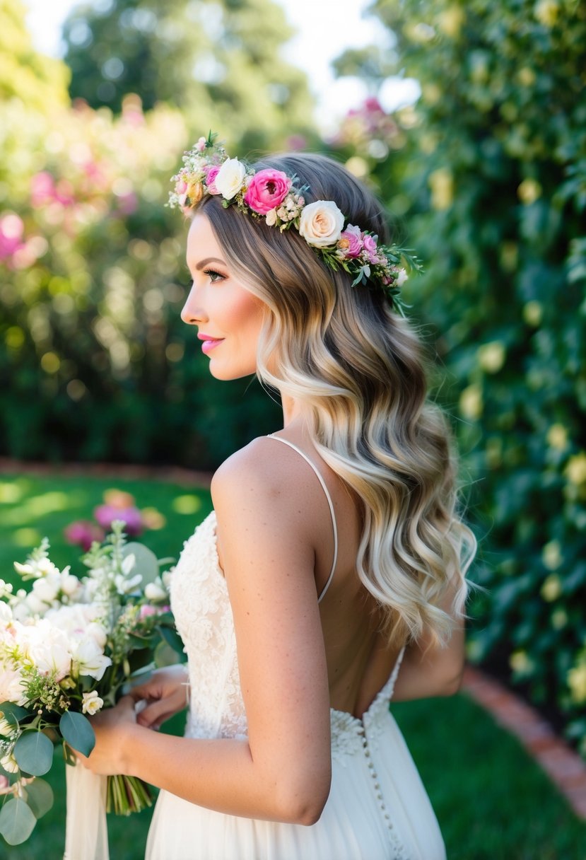 A bride wearing a bohemian floral crown, with loose waves cascading down her back, surrounded by a lush garden setting