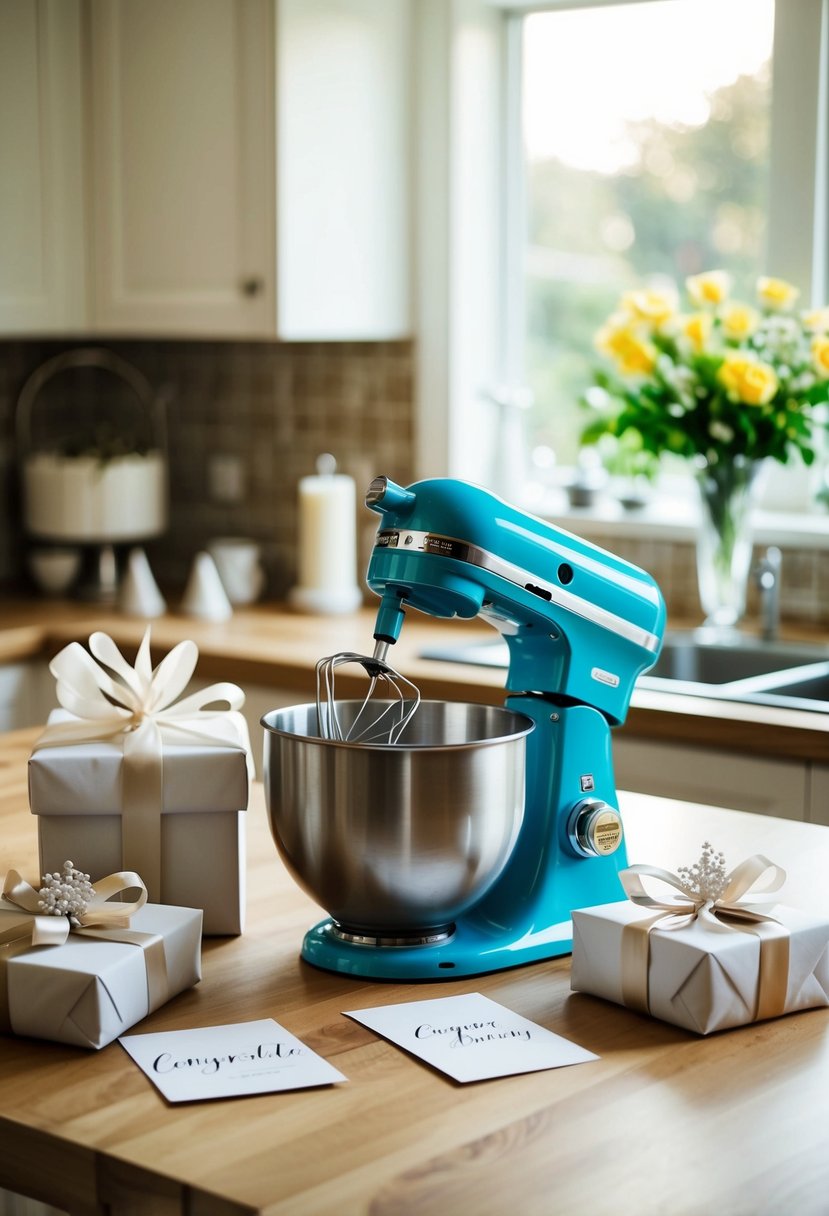 An electric mixer sits on a kitchen counter surrounded by wedding gift wrapping and a congratulatory card