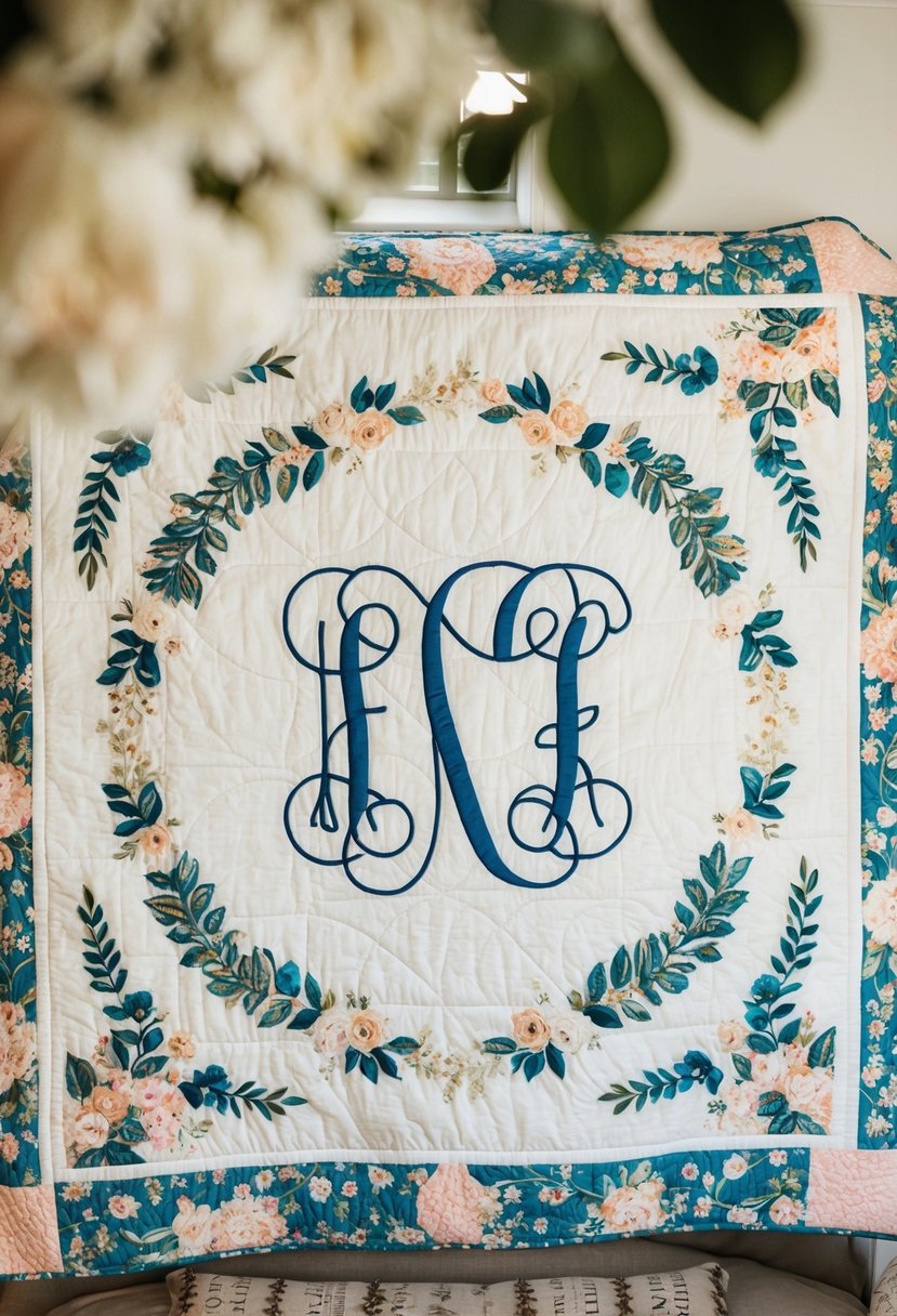 A cozy quilt with a large monogram in the center, surrounded by delicate floral patterns and intricate stitching