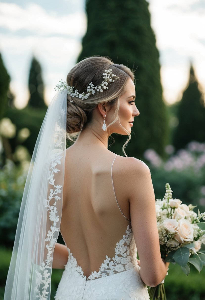 A bride with a chic low bun hairstyle, adorned with delicate flowers and draped with a sheer veil, standing in a romantic garden setting