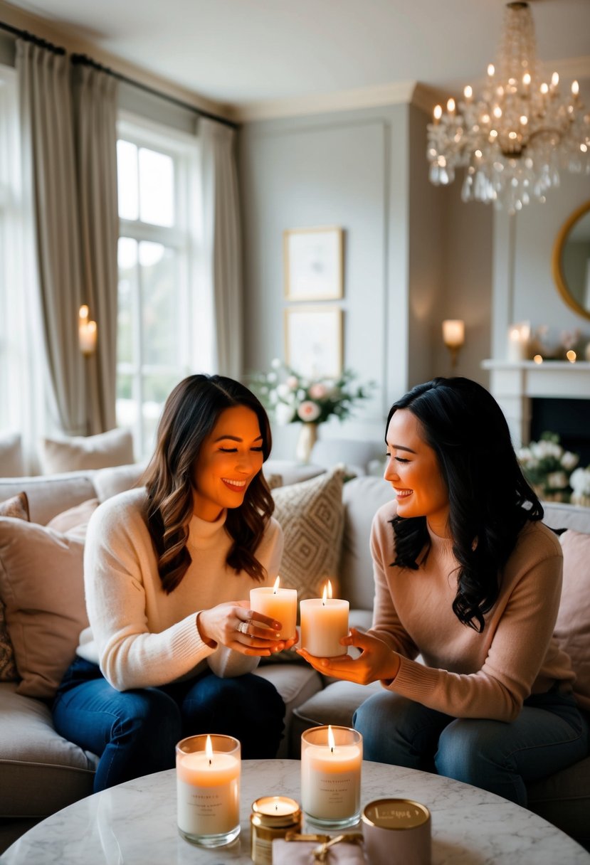 A cozy living room with two friends exchanging scented candles as wedding gifts, surrounded by soft lighting and elegant decor