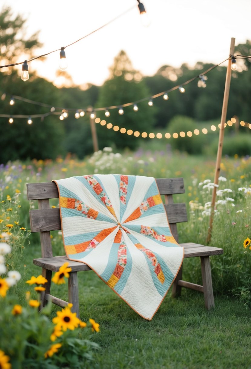 A cozy wedding scene with a vintage-inspired pinwheel quilt draped over a rustic wooden bench, surrounded by wildflowers and twinkling string lights