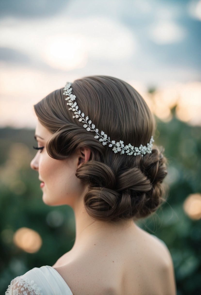 A vintage-inspired head with finger wave hairstyle, adorned with a delicate hair accessory, set against a romantic backdrop