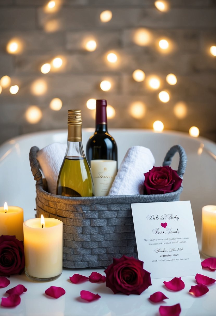 A bath caddy with candles, wine, and towels, surrounded by rose petals and a wedding card