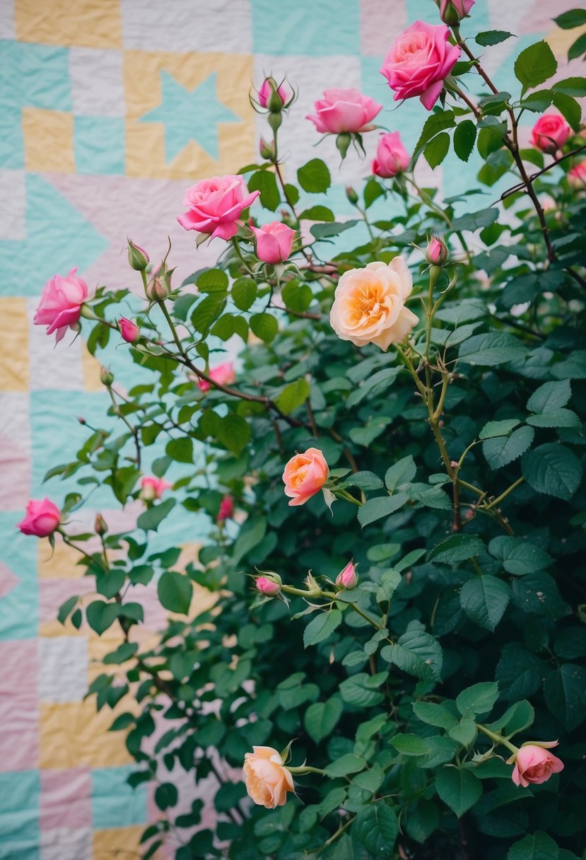 A lush rose garden with intertwining vines and blooming flowers, set against a soft, pastel quilt background