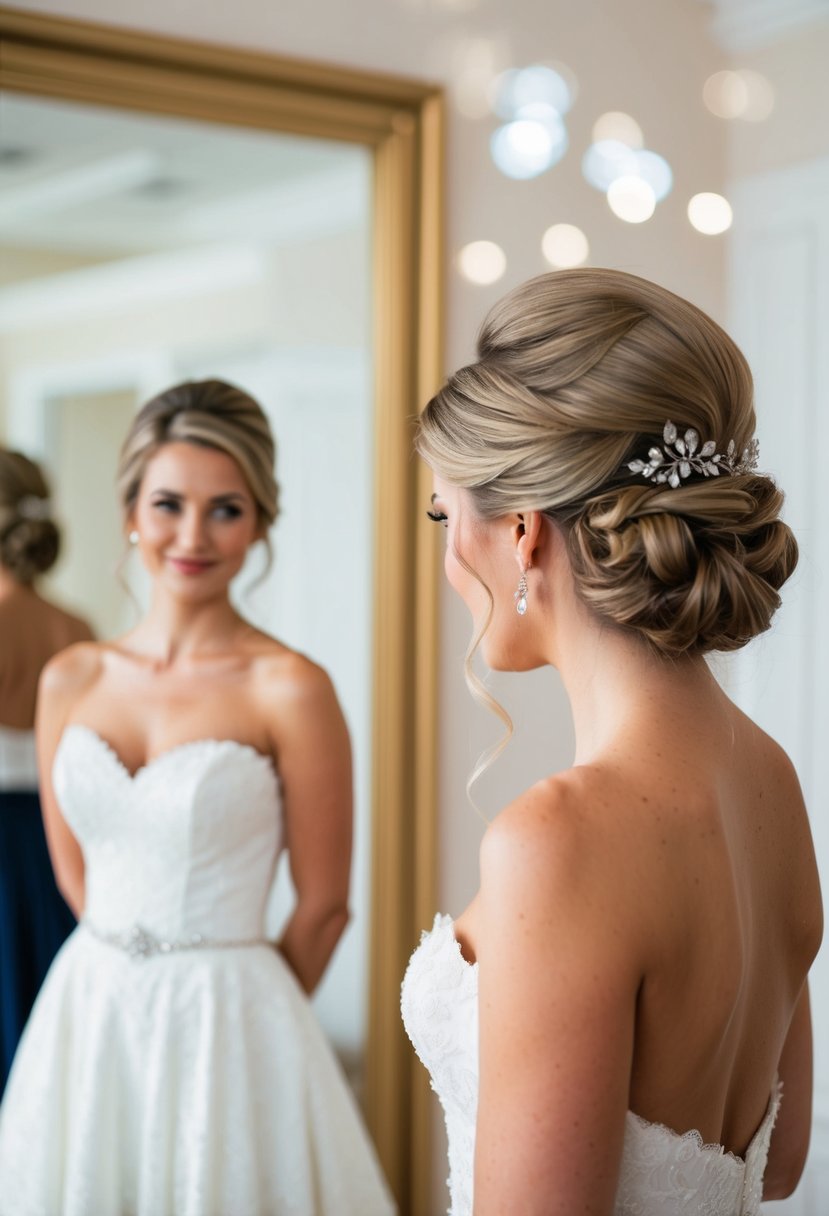 A bride with a classic chignon hairstyle stands in front of a mirror, admiring her elegant look for her wedding day