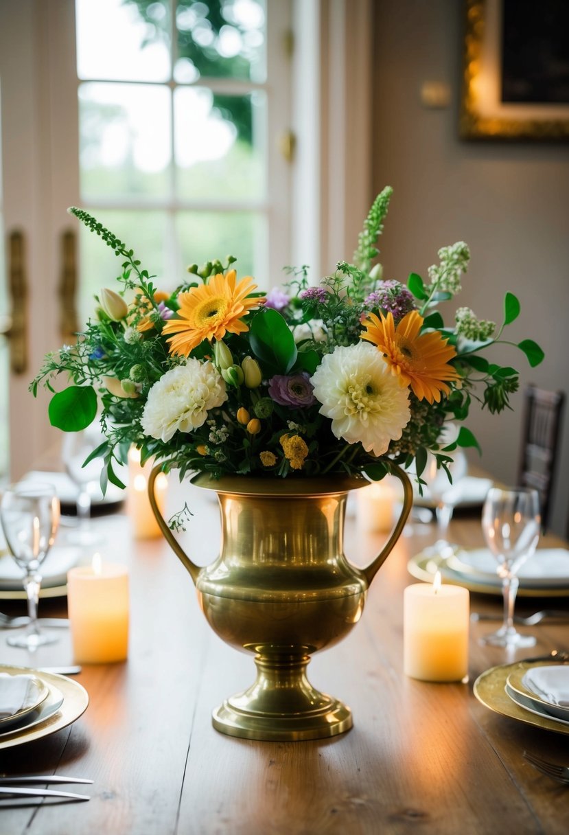 A brass vase filled with fresh flowers sits on a wooden table, surrounded by soft candlelight and elegant place settings