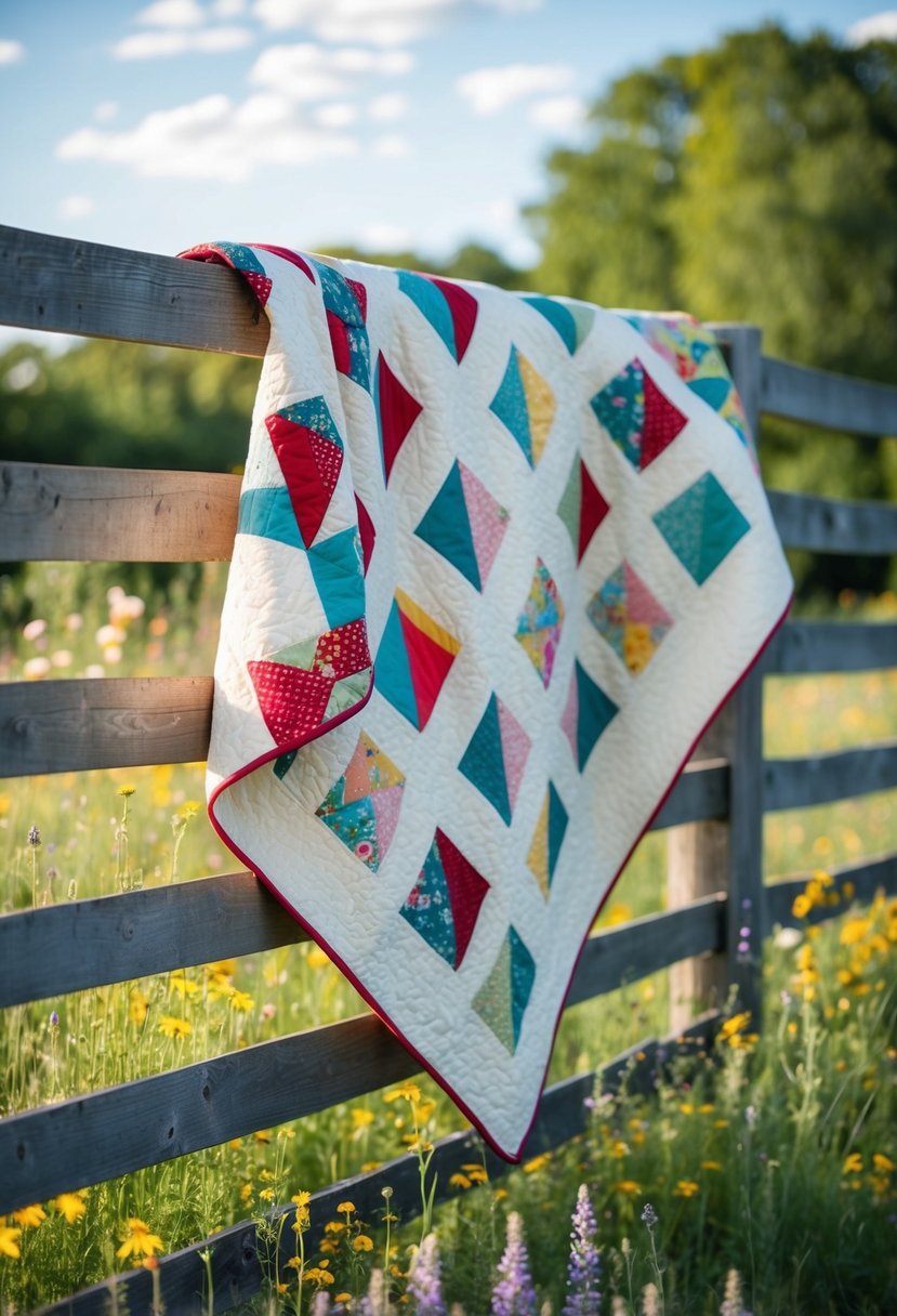 A patchwork heart quilt draped over a rustic wooden fence, surrounded by wildflowers and dappled sunlight