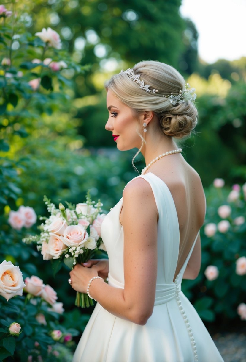 A bride with a French Twist hairstyle, adorned with delicate flowers and pearls, stands in a softly lit garden, surrounded by lush greenery and blooming roses