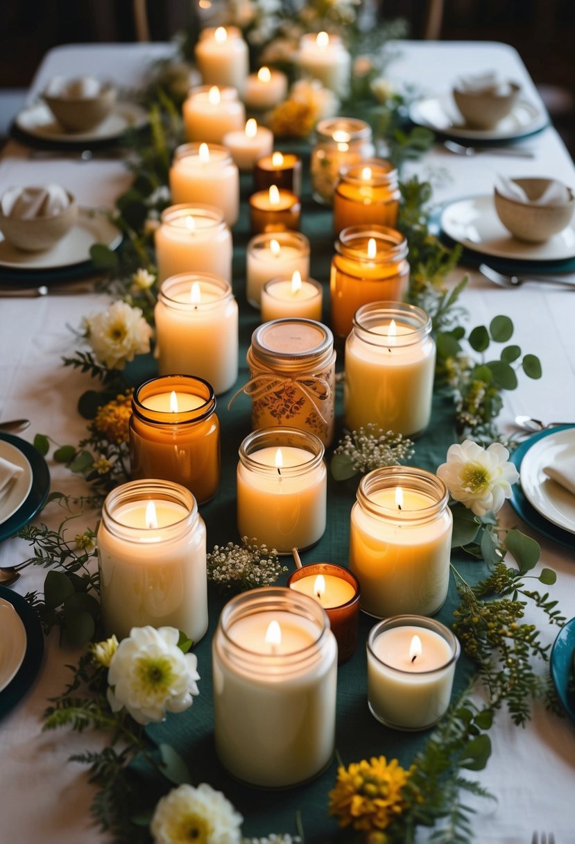 A table adorned with various homemade candles in decorative jars, surrounded by delicate flowers and foliage, ready to be given as wedding gifts to friends