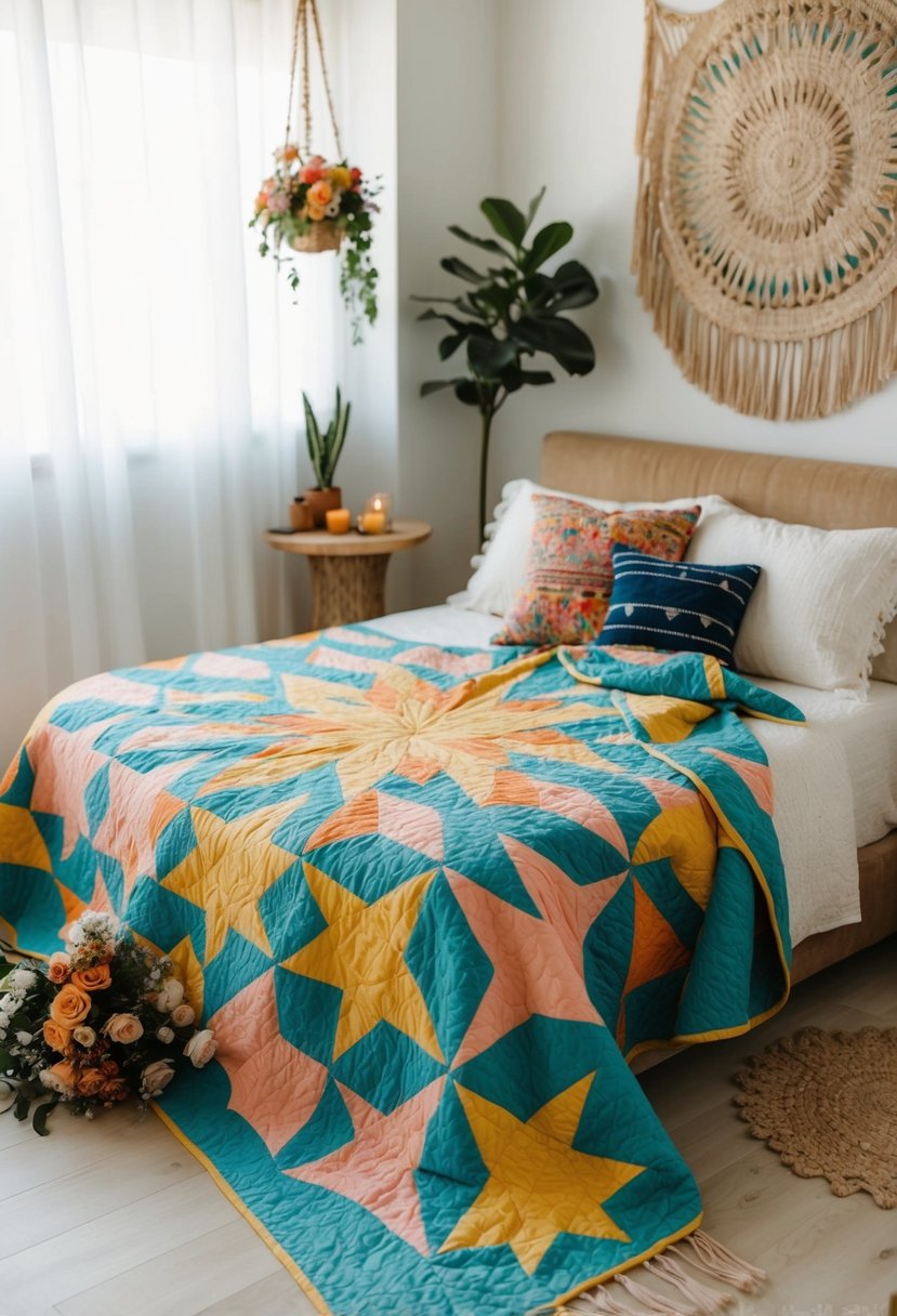 A colorful quilt with a starburst pattern draped over a bed, surrounded by bohemian decor and flowers