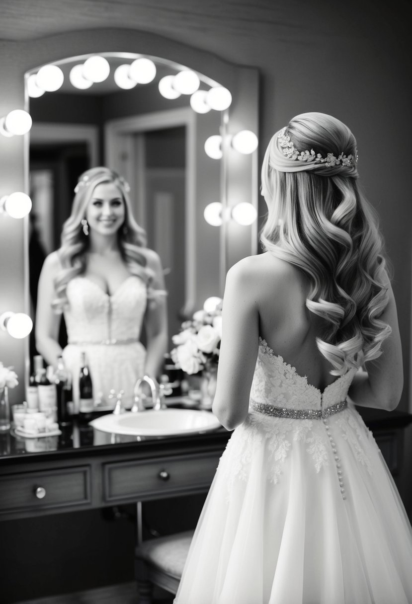 A bride with long, flowing Hollywood waves stands in front of a mirror, admiring her glamorous wedding hairstyle