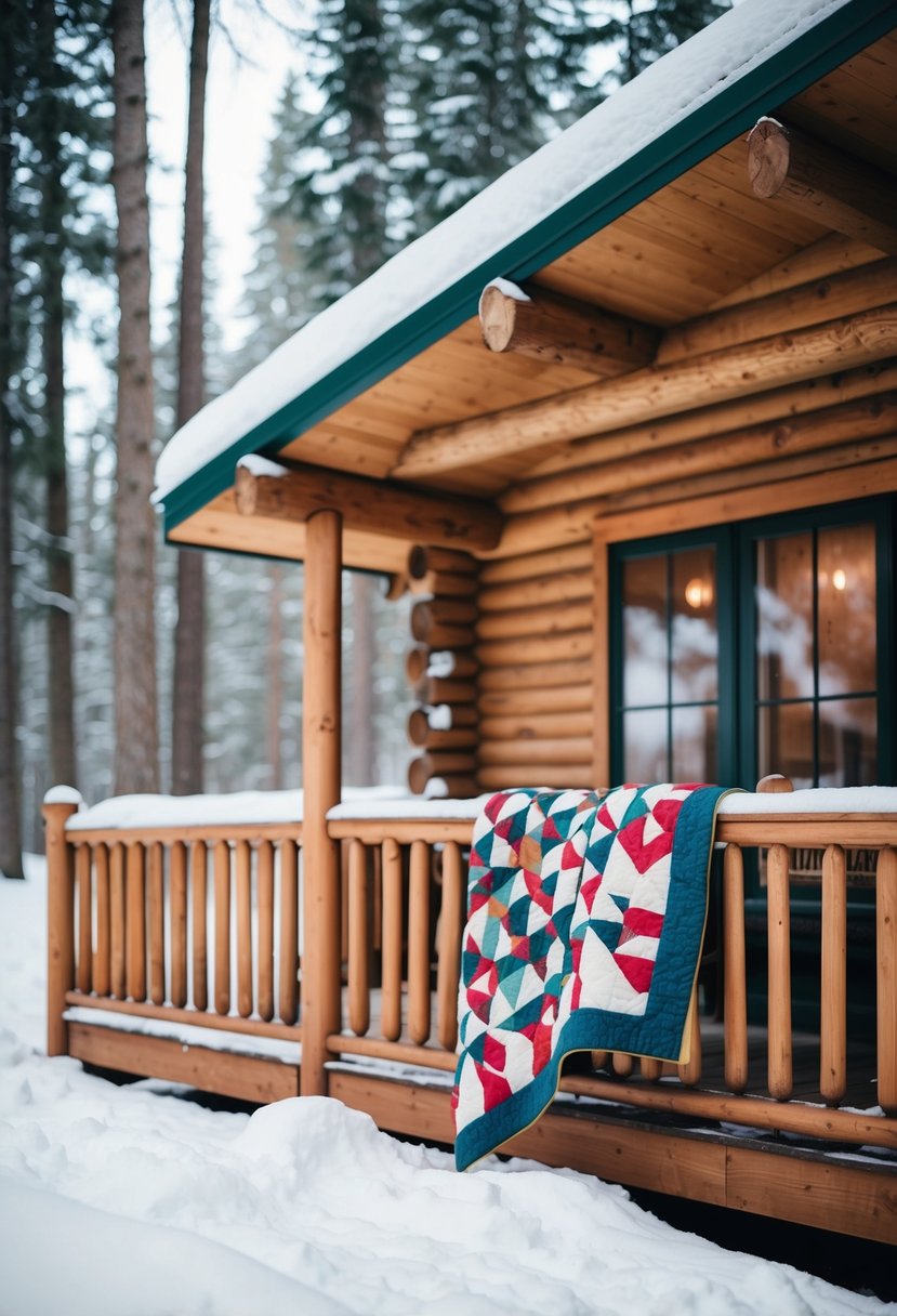 A cozy log cabin nestled in a snowy forest, with a warm quilt draped over the porch railing