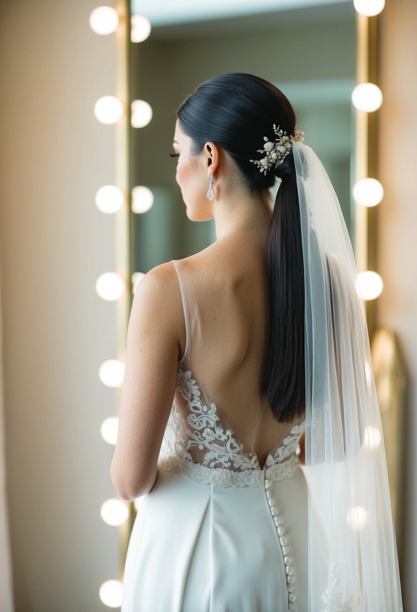 A bride with a sleek ponytail adorned with a delicate veil, standing in front of a mirror with soft, romantic lighting