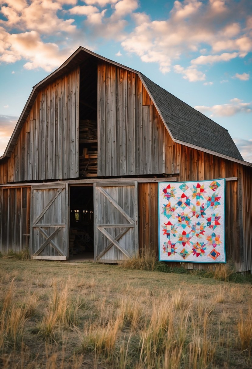 A rustic barn with a colorful quilt hanging on the side