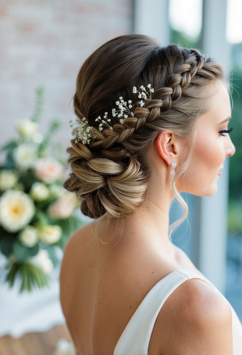 A bride's half-up braided hairstyle with delicate floral accents