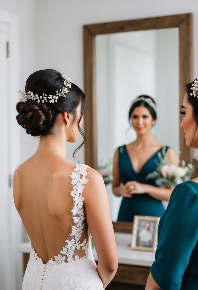 A bride with a modern top knot hairstyle, adorned with delicate floral accents, standing in front of a mirror, admiring her elegant look