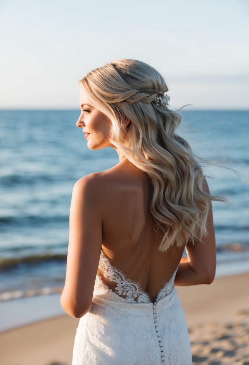 A bride with loose beachy waves stands on a sandy shore, with the ocean in the background and a gentle breeze tousling her hair