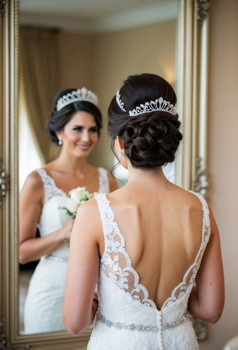 A bride with a tiara-topped updo stands in front of a mirror, admiring her elegant hairstyle for her wedding day