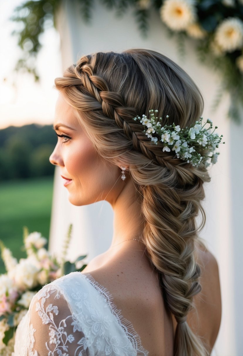 A bride's head with a waterfall braid, adorned with delicate flowers, set against a romantic wedding backdrop