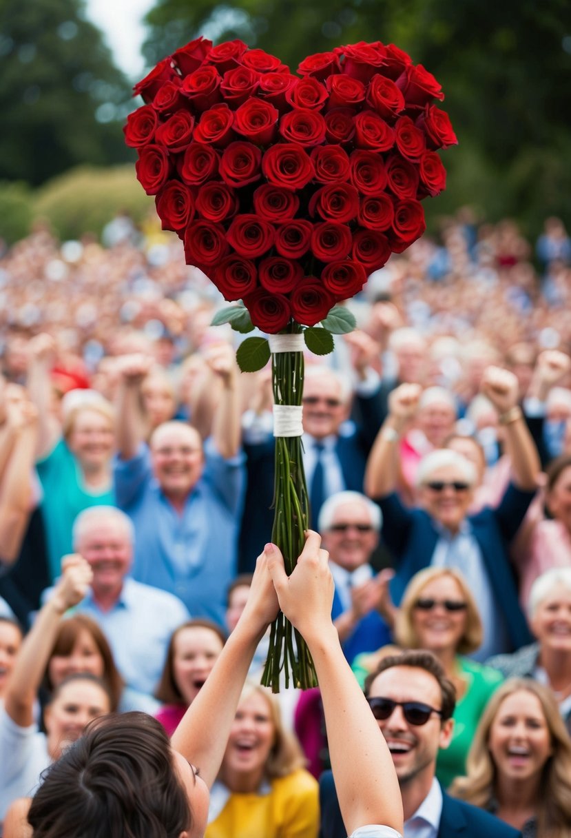 A heart-shaped bouquet of red roses held high above a crowd of cheering onlookers