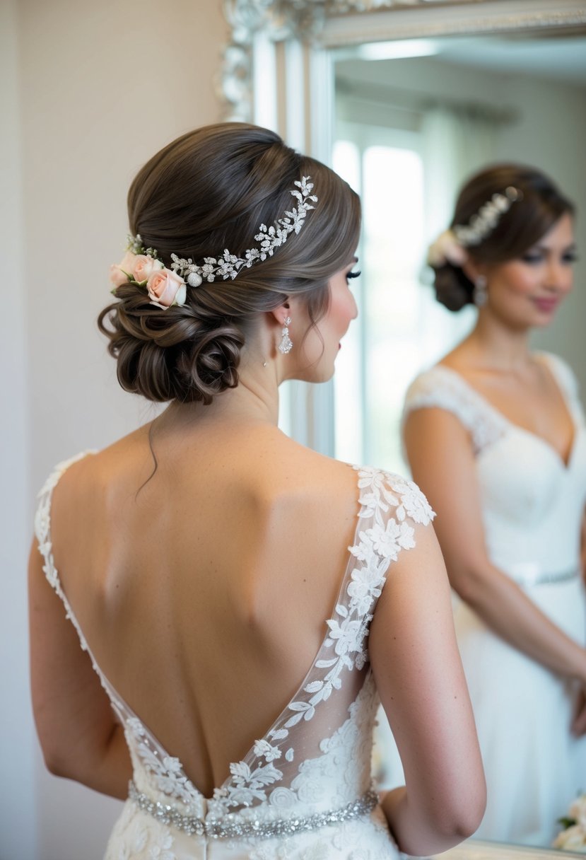 A bride with an elegant side-swept hairstyle, adorned with delicate flowers and sparkling hairpins, stands in front of a mirror, ready for her wedding day