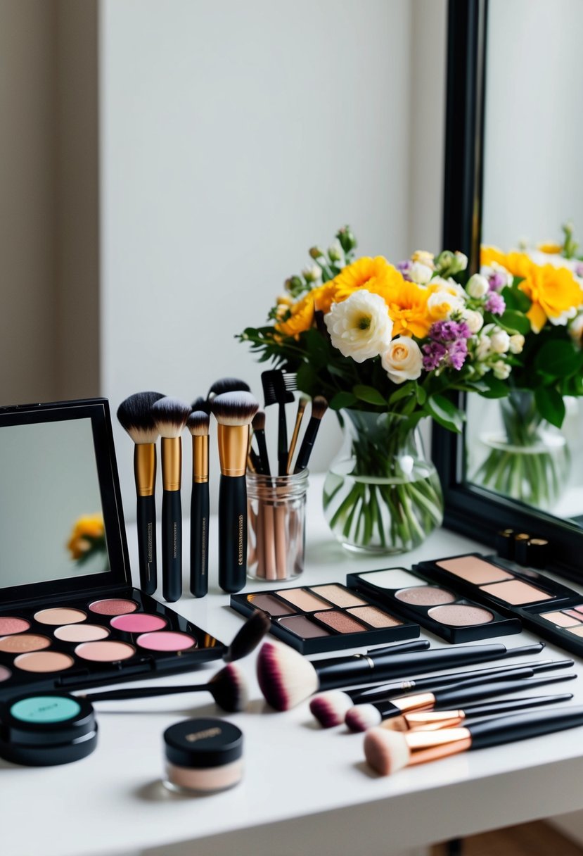 A table with various makeup products and brushes arranged neatly, alongside a mirror and a bouquet of flowers