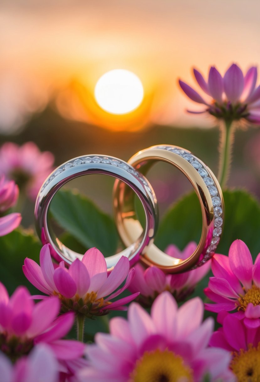 Two intertwined rings surrounded by blooming flowers and a glowing sunset