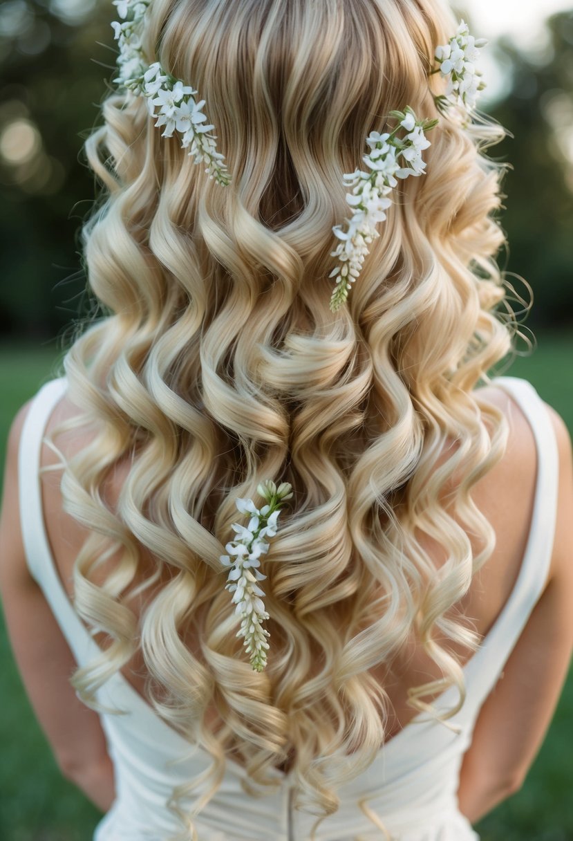 Soft curls cascading down, adorned with delicate flowers