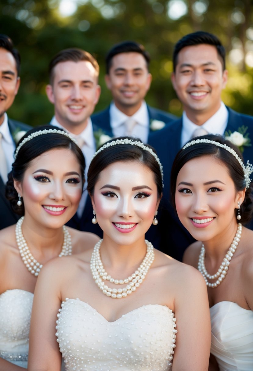 A group of wedding guests with pearl-inspired makeup, featuring shimmering eyeshadow and radiant, glowing skin