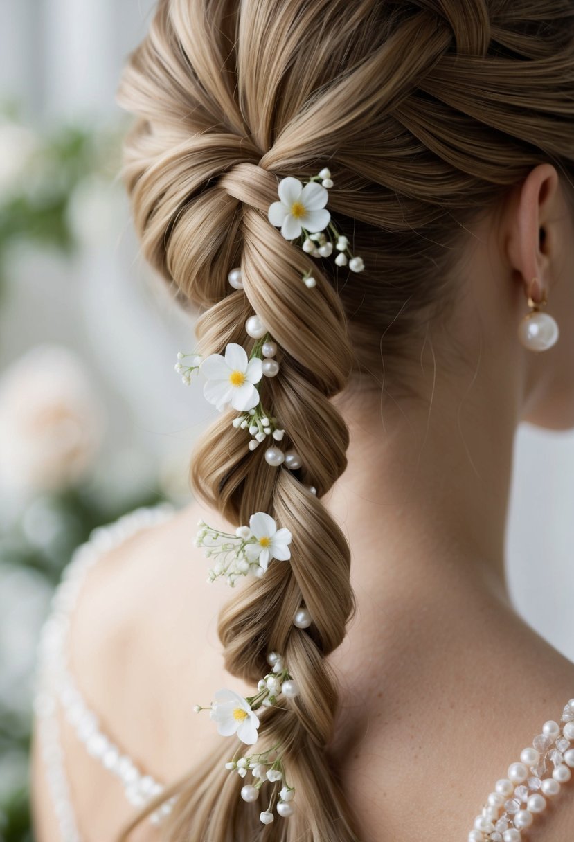 A close-up of a detailed fishtail braid with delicate twists and weaves, adorned with small flowers and pearls, set against a soft, romantic background