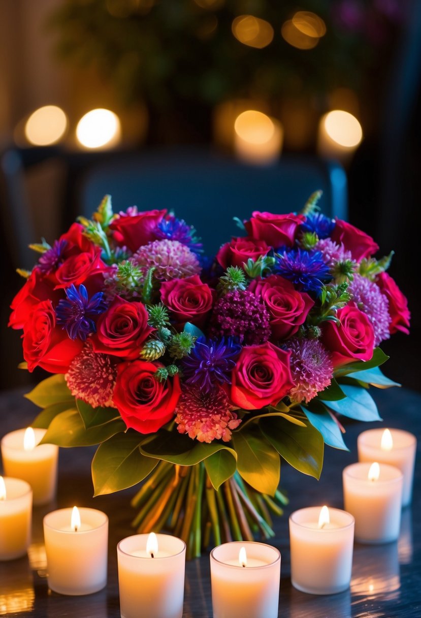 A heart-shaped bouquet of vibrant flowers, surrounded by soft candlelight