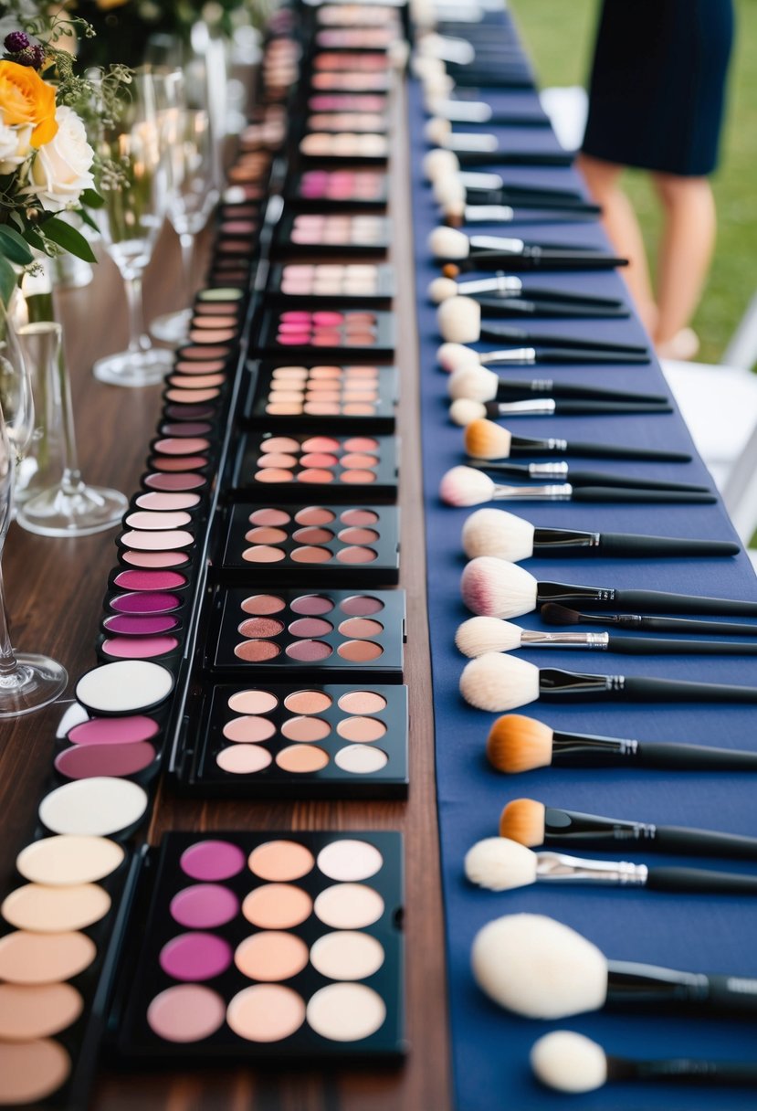 A table with various shades of berry-colored makeup palettes and brushes arranged neatly for wedding guests