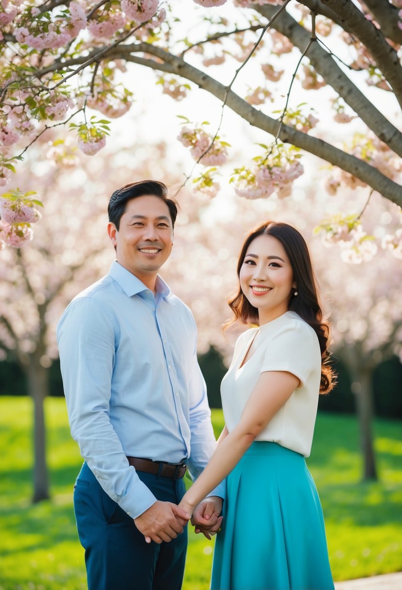 A couple standing under a blooming tree, smiling and holding hands