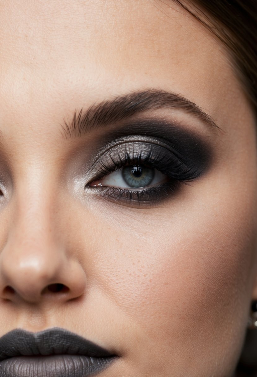 A close-up of a matte smokey eye makeup look with soft, blended shades of grey and black, accented with subtle shimmer for a wedding guest