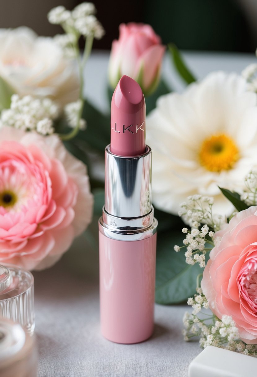 A close-up of a pink lipstick tube surrounded by delicate floral accents, ready for wedding guests