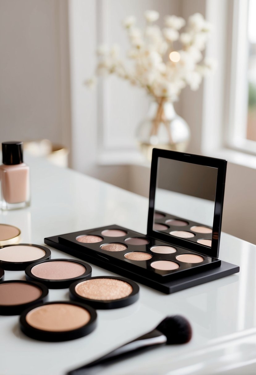 A table with various shades of soft neutral eyeshadows, a makeup brush, and a mirror on a clean, elegant background