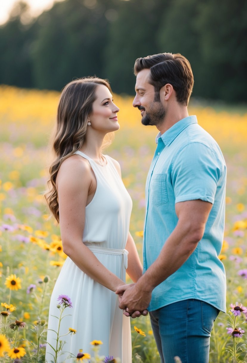 A couple standing in a field of wildflowers, holding hands and looking into each other's eyes with a serene and determined expression