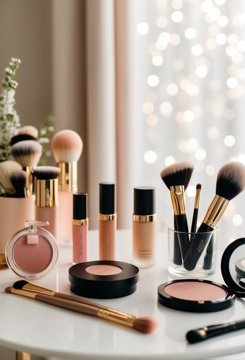 A table adorned with various natural blush tone makeup products and brushes, set against a soft, romantic background