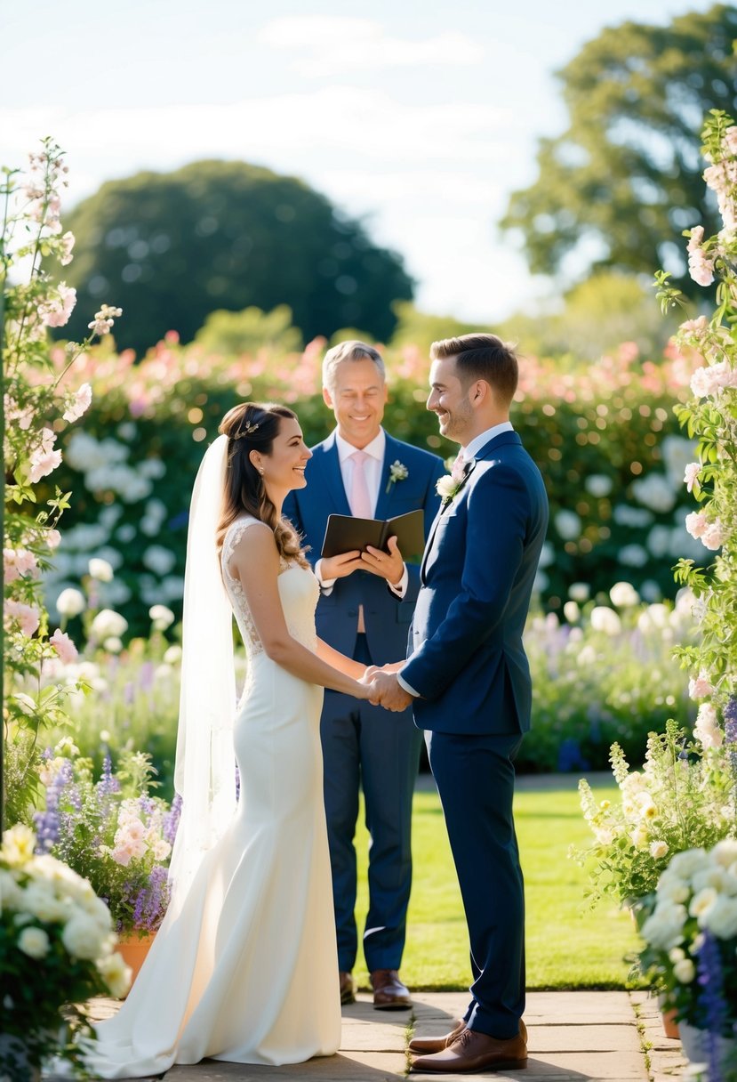 A couple standing in a sunlit garden, surrounded by blooming flowers and a gentle breeze, exchanging heartfelt vows