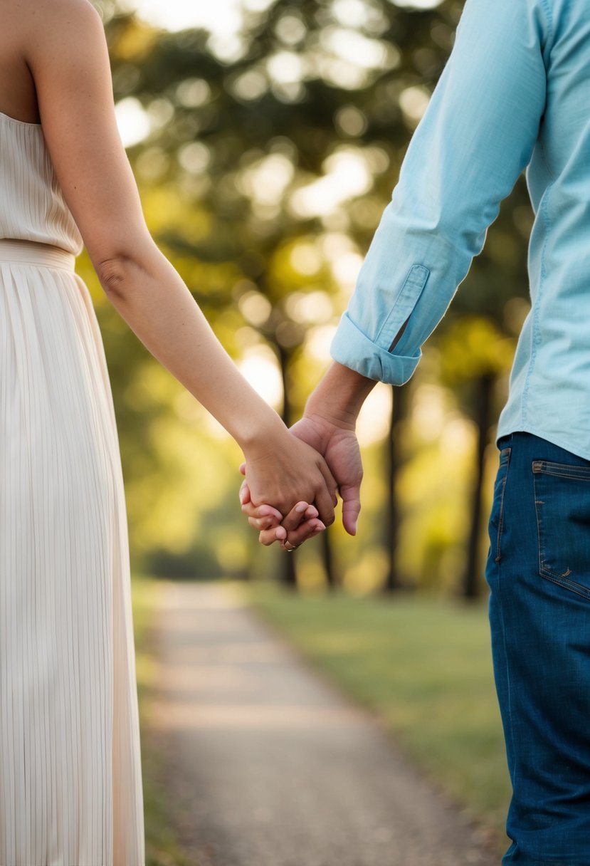 A couple standing facing each other, holding hands with a serene and loving expression on their faces