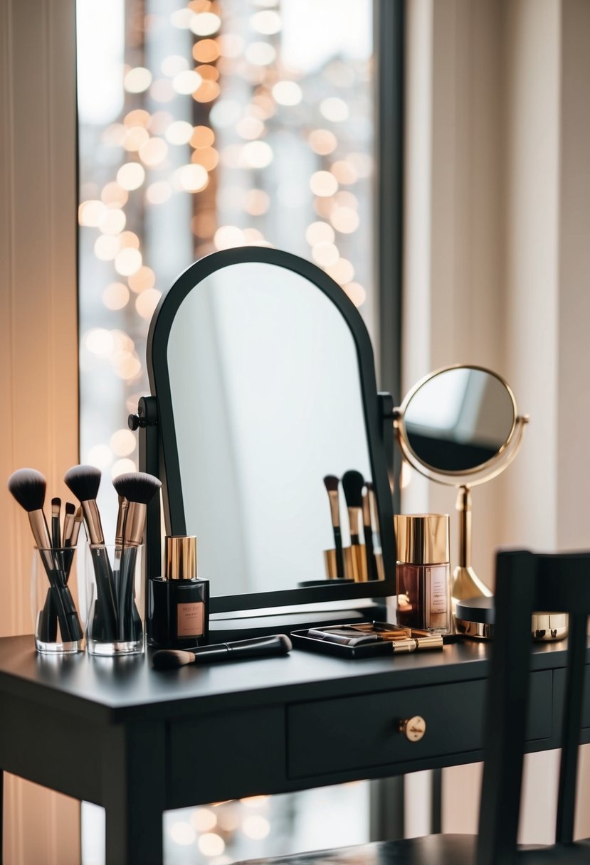 A table with makeup products and brushes, a mirror, and a chair